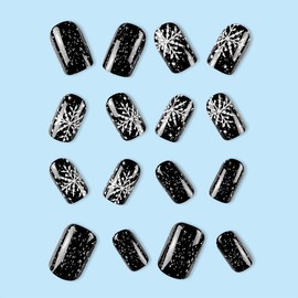 24 Pcs Snowflake Press on Nails Medium Square Winter Christmas Fake Nails Black Glossy False Nails with Snowflakes Designs Winter Xmas Acrylic Nails Christmas Nail Tips Decoration for Women and Girls