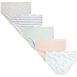 Nautica Girls Underwear Briefs - 5 Pack Comfort Stretch Mid-Waist Breathable Cotton Underwear Panties for Girls (4-12), Size 7-8, Rose/White/Mint/Stripe
