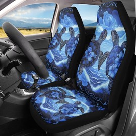 ZIATUBLES Vintage Floral Turtle Blue Print Car Seat Covers Full Set of 2 Vehicle Front Seats Covers Protector Bucket Seat Cover Vehicle Seat Cushion Cover Universal Fits Car Van Sedan