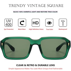 Bsreyeop Vintage Square Sunglasses for Men Women Trendy Chunky Rectangle Frame Rivet Design Black Shades UV Protection (Green Frame/Green Lens F5)