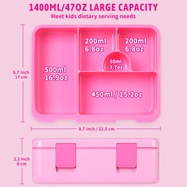 rockpapa 5 Compartment Bento Lunch Box with Ice Pack for Kids, Leak Proof, Dishwasher Safe, BPA Free Materials, 47oz Snack Bento Box with Utensils & Handle for Boys Girls Ages 3+ (Pink Unicorn)