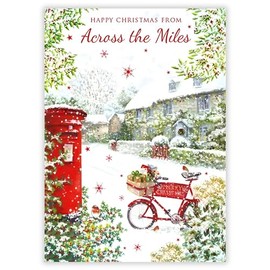 Across the Miles Christmas Card - Snowy Village and Post Box - Artistic Festive Design - Made in the UK - Eco-Friendly