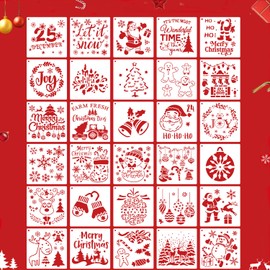 6Inch Large Christmas Stencils,30Pcs Reusable Plastic Christmas Tree Snowman Drawing Art Craft Stencil for Painting on Wood, Wall, Fabric, Rock, Chalkboard,Signs,Door Hanger Wreath,Esay to Clean