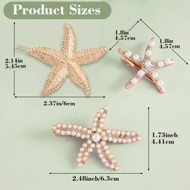 Alpinleux 3 Pcs Metal Starfish Hair Clip, Rhinestone Pearls Shell Hair Clips, Crystal Wedding Headpiece Hair Accessories For Women, Bride (3 Sizes)