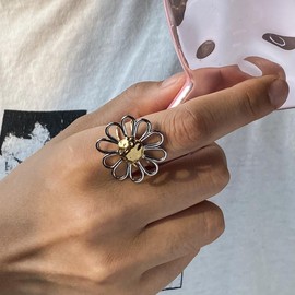 Exaggerated Hollow Flower Statement Rings for Women Silver Gold Plated Titanium Steel Flowers Layered Adjustable Stackable Open Band Wrap Finger Rings Comfirm Fit Vintage Wedding Engagement Jewelry