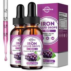 2 Pack Liquid Iron Supplement for Women, Men & Kids - Liquid Iron Drops with Folate, Vitamin C, B6, B12 for Anemia, Red Blood Cell, Energy Support - Grape Flavor