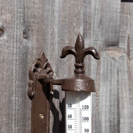 Cast Iron Fleur-de-Lis Wall Thermometer Antique Brown Window Frame Garden Decor, 30.5cm Height