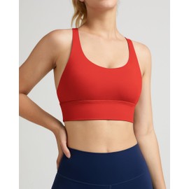 QUEENIEKE Strappy Longline Sports Bras for Women - Wirefree Spaghetti Criss Cross Workout Gym Yoga Free to Be Bra (Fluorescent Dark Red, Medium)