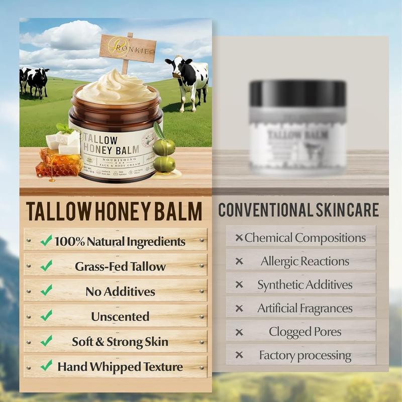 Beef Tallow & Raw Honey Balm: Grass-Fed, Unscented Moisturizer for