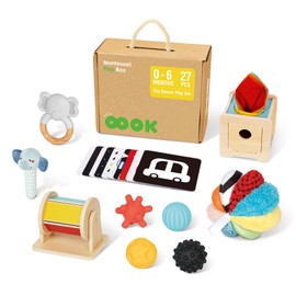 OOOK Montessori Toys 0-6 Months, Montessori Toy Set, 7 in 1 Newborn Baby Toys with Spinning Drum, Tissue Box Toy, Sensory Balls, Contrast Cards and More