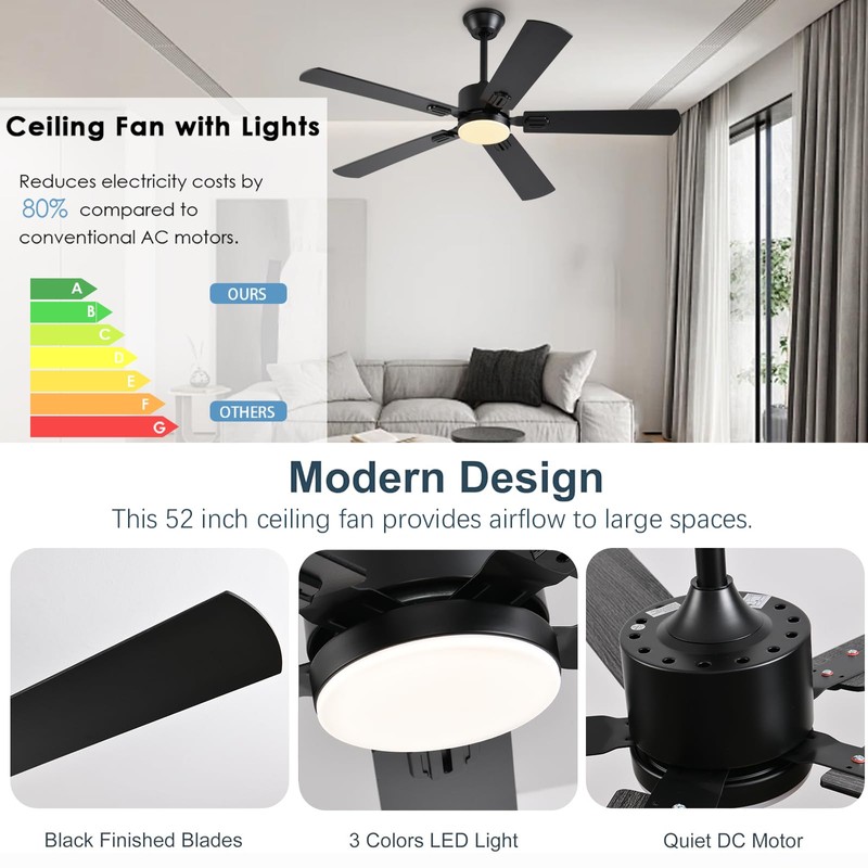 FUMLTP 52 inch Modern Ceiling Fans with Lights APP/Remote Control,