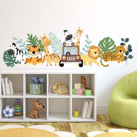 Nursery Wall Sticker - Safari Animals with Truck and Leaves Wall Decal (60cm Width x 20cm Height)
