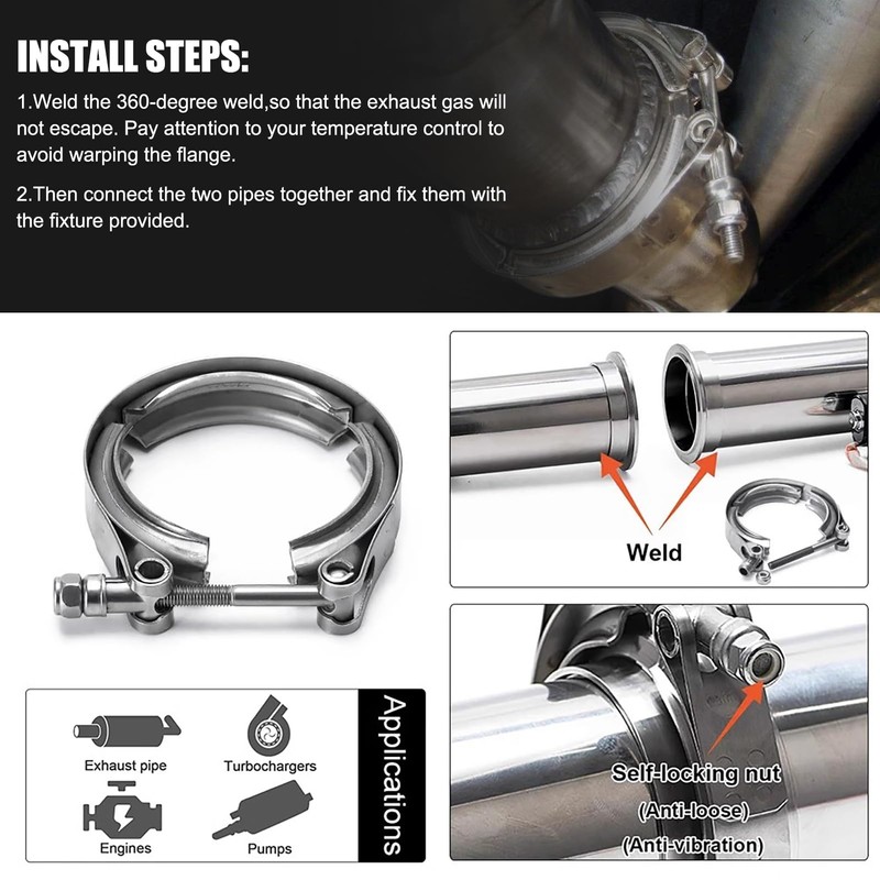 EVTSCAN 3-Inch Universal Stainless Steel V-Band Clamp, with T-Bolt, Leak-Proof