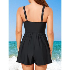 Smismivo Swim Rompers for Women Tummy Control Swimsuits with Shorts Modest One Piece Slimming Long Torso Bathing Suits with Built in Bra and Pockets Full Coverage V Neck Swimwear 2025 Black