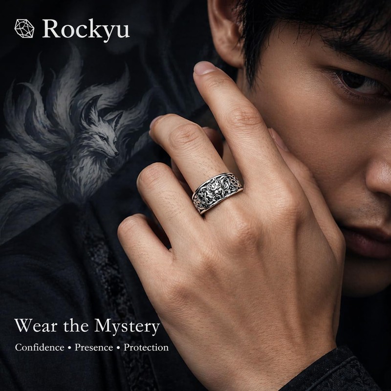 Rockyu Men's Silver Nine Tailed Fox Ring, Stylish, Stainless Steel,
