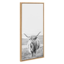 Kate and Laurel Sylvie Highland Cow Mountain Landscape Vertical BW Framed Canvas Wall Art by The Creative Bunch Studio; 18x40 Natural; Decorative Farmhouse Art for Wall