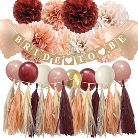 Bridal Shower Decorations Maroon - Fall color Maroon Dusty Pink Bachelorette Decorations with Balloons Tissue Paper Flower Pompoms and Tassel Garland Party Supplies (Burgundy + Peach)