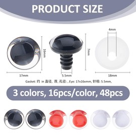 SUPERFINDINGS 48Pcs 3 Colors Safety Eyes Crochet Eyes 3D Clear Doll Eyes Round Craft Crochet Eyes with Washers Stuffed Animal Eyes for DIY of Puppet Bear Plush Animal