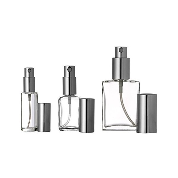 Riverrun Perfume/Cologne Atomizer Variety Set, Empty Refillable Glass Bottles, Silver Sprayers, 3 sizes: 1/6, 1/2, 1 oz