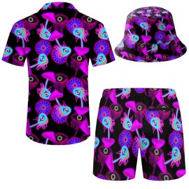Wdpsuxin Mens Mushroom Purple 2 Piece Short Set Hawaiian Button Down Shirt And Compression Liner 2 In 1 Shorts Sets With Bucket Hats Xx-Large