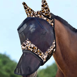 Harrison Howard LumiVista Horse Fly Mask Long Nose with Ears UV Protection for Horse Leopard Print M Cob