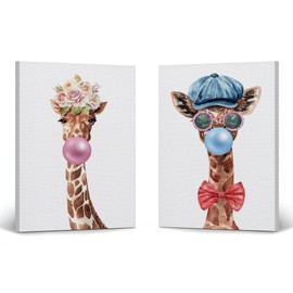 Smile Art Design Portrait of Giraffe with Flower Crown and Hat Chewing Pink and Blue Bubble Gum 2 PANEL CANVAS PRINT SET Animal Living Room Bedroom Kids Baby Nursery Room Decor - 28x19