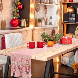 Nepnuser Pink Nutcrackers Christmas Table Runner Pink Xmas Decoration Winter Holiday Party Supply Home Kitchen Dining Room Decor 108Inches Long