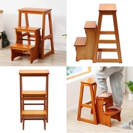 DDYOOK Solid Wood Folding Library Ladder Chair, 3-Step Stool Dual Purpose Stepladders, Lightweight Portable Multifunctional Step Stool Display Stand and Flower Stand for Home Offices (Honey)