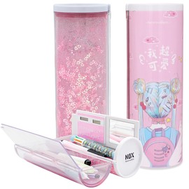 NBX NewmeBox Multifunctional Pencil Case with Quicksand, Calculator, Mirror, Clear Pen Box Pouch, Cute Desk Organizer, Standing cylinder Shape for Girls, Boys, School Supplies(Cute girl)
