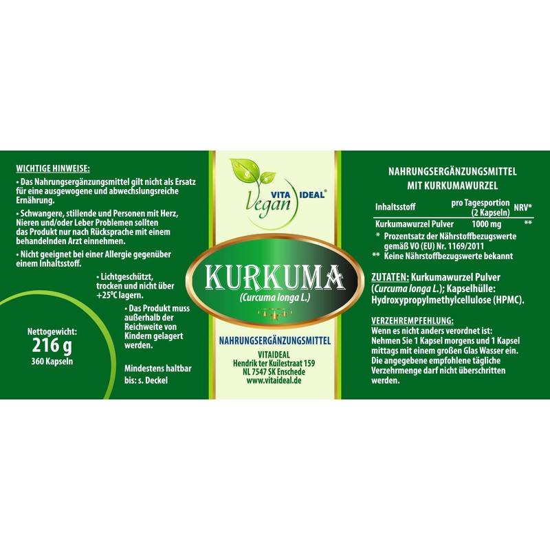 VITAIDEAL Vegan® Turmeric Root (Curcuma) 2 x 360 Vegetable Capsules