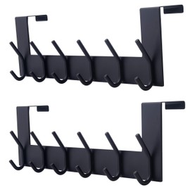 Dseap Over The Door Hook Hanger - 6 Hooks Over Door Coat Rack for Hanging Clothes Hat Towel, Black, 2 Packs