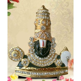 Stone Studded Gold Finish Lord Venkateswara Statue 3" X 3" inches Tirupati Balaji Idol for Car Dashboard Gift Temple Pooja Spiritual - 8 cm