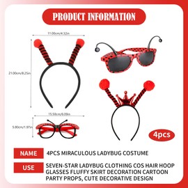 SJENG 4pcs miraculous ladybug costume,ladybug costume,2pcs headdress 2pcs glasses for party boy girl decoration