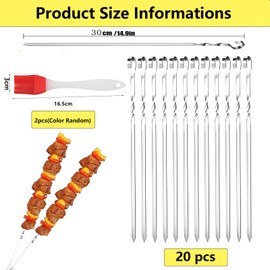 Barbecue Skewers, Stainless Steel, Pack of 20 Barbecue Skewers, Stainless Steel Grill Kabob, 30 cm Kebab Skewers, Reusable Grill, for Outdoor and Garden Barbecue Parties