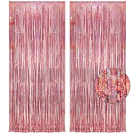 SHUOHONG Pack of 2 Tinsel Curtain, Glitter Curtain Birthday, Party Curtain Photo Background, Streamers Birthday Decoration, Rainbow Carnival Foils Fringe Curtains (Rose Gold)