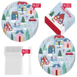 Holiday Party Supplies - Winter Christmas Village Paper Dinner Plates, Lunch Napkins, and Forks (Serves 16)