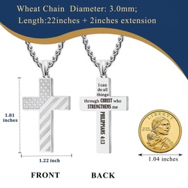 LAOYOU Anniversary Birthday Gifts For boyfriend, Stainless Steel Silver Philippians 4:13 USA Patriotic American Flag Cross Necklace Bible Verse Religious Christian Necklace For Men