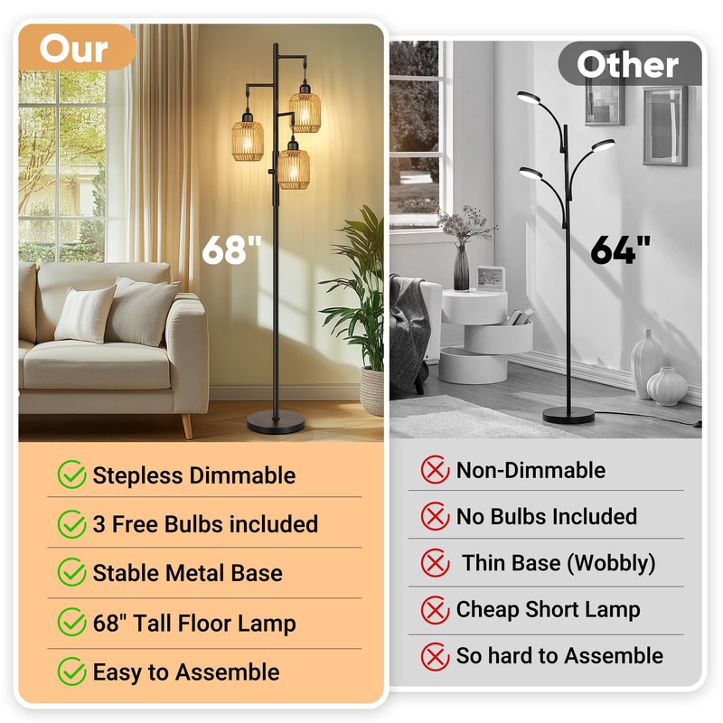 ROTTOGOON Dimmable Boho Floor Lamp - 3 Light Farmhouse Rattan