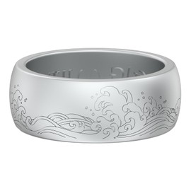 King Will Silicone Rings for Men - Breathable Wedding Bands Mens 8mm Wide Rubber Engagement Bands, Waves Etched Unique Design, Comfort Fit Ring - Silver Size 10