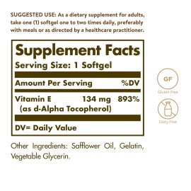 Solgar Vitamin E 200 IU Antioxidant Softgels 100 Count Gluten Dairy Free