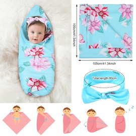 Mepase 5 Pcs Mommy and Me Robe Swaddle Headband Cap Set Including Maternity Robe Baby Blanket Headband Hat for Mom and Baby(Blue,X-Large)