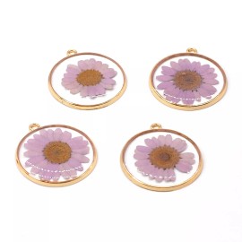 4PCS Gold Tone Real Dry Purple Daisy Flower Resin Round Charm Pendant GBY1013