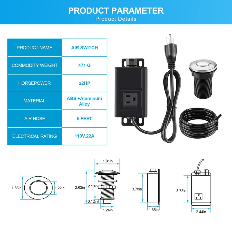 HK Garbage Disposal Air Switch Kit with Power Cord Kit,