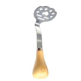 Wooden-handled potato masher, made of high-quality stainless steel, with a flat bottom handle that can be placed upside down to avoid dirtying the table, 5.9 inches, cute pattern