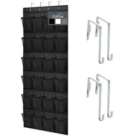 HOME GENIE - Organizador de zapatos de 24 bolsillos, fuerte para ahorrar espacio sobre la puerta, soporta hasta 40 libras, ganchos para permanecer en su lugar, bolsillo grande de malla transpirable para colgar detrás del clóset, estante del gabinete, neg