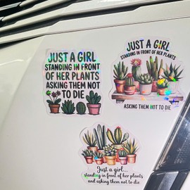 3 Pcs Just A Girl Standing in Font of Her Plants Holographic Sticker, Plant Lover Holographic Waterproof Vinyl Sticker for Books, Laptops, Phone, Water Bottles, Tumbler, Cup, Kindle 3 Inches