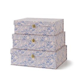 Soul & Lane Blue and White Floral Cardboard Decorative Storage Boxes with Gold Hardware - Set of 3, Aviary Garden - Stacking Boxes with Lids for Home Decor and Organizing, Elegant Design
