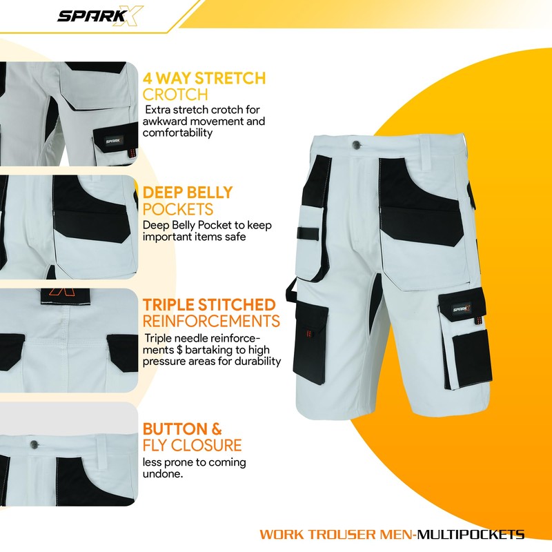 SparkX Mens Painters Shorts with Stretch Crotch- Decorators Cargo Combat