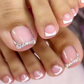 24pcs False Toenails - French Toe Nails - White French Tip Toe Nails With Rhinestone - Short Square Fake Toenails With Glue - Acrylic Press On Stick On toe nails For Toenails Decoration