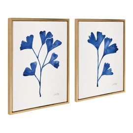 Kate and Laurel Sylvie Navy Ginkgo and Navy Ginkgo Trio Framed Canvas Wall Art Set by Cat Coquillette, 2 Piece Set 18x24 Gold, Chic Neutral Botanical Art, Wall Décor